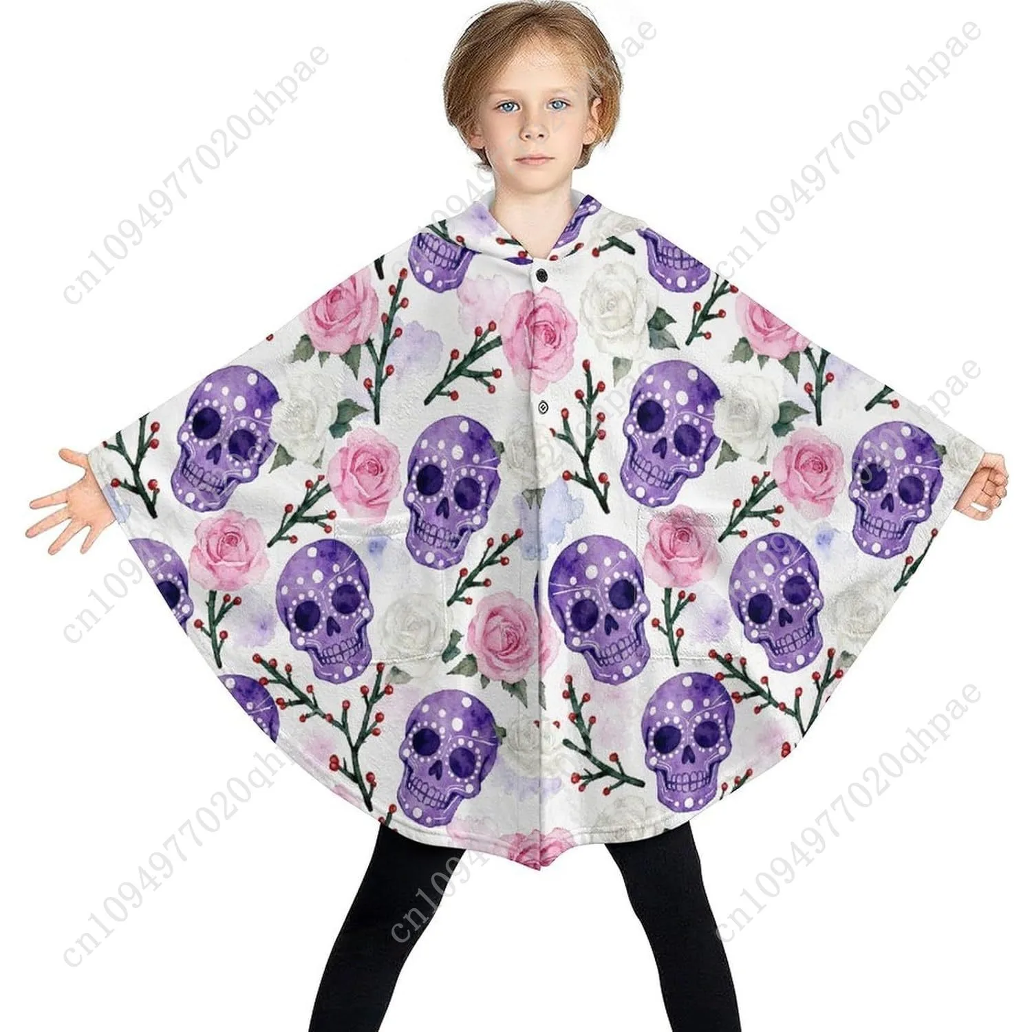 سترة بطانية مريحة من الفلانيل، هوديي كبير الحجم بنمط جمجمة وردية مع جيوب للأطفال والمراهقين #3