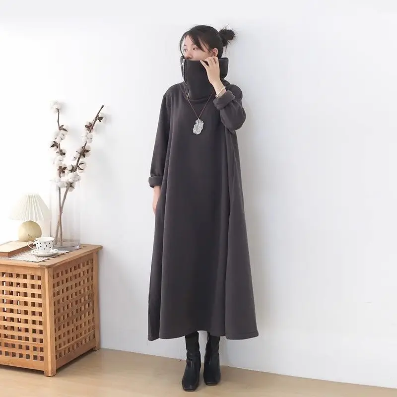 2025 Autumn/Winter New Women's Dress Loose Commuter Splicing High Collar Hooded Dress