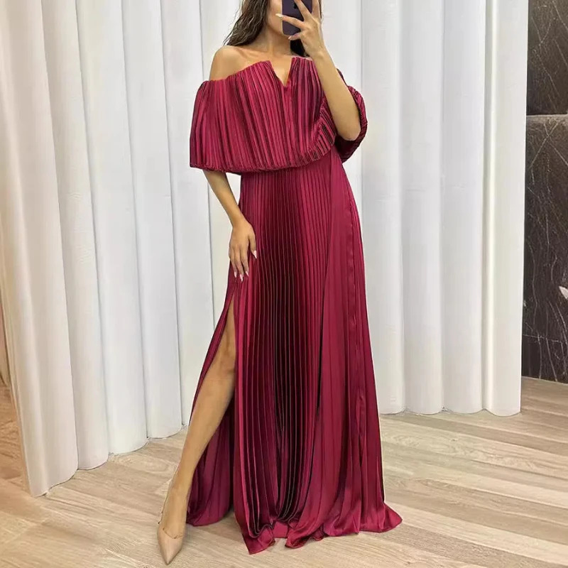 Organ Pleated One Shoulder Slit Elegant Sexy Dress for Women