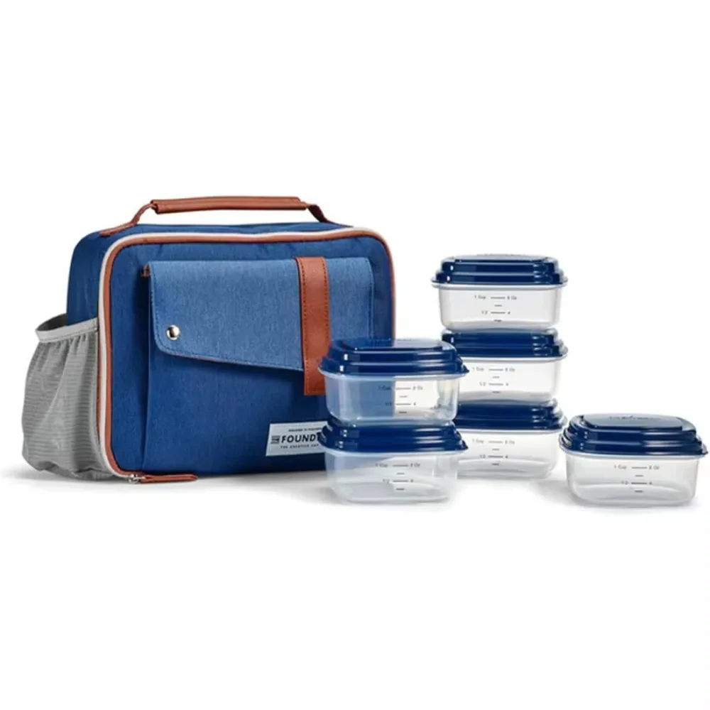 측면 및 전면 포켓이 있는 보온 도시락 가방, 6피스 누수 방지 용기 세트, 사무실 출퇴근 여행 야외용