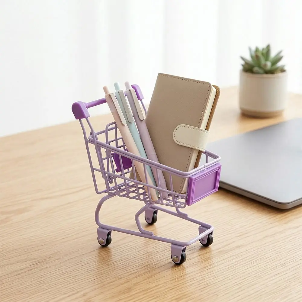 Metal Mini Storage Basket Model Hollow Shopping Cart Storage Ornaments Grocery Cart Desktop Stationery Holder Office