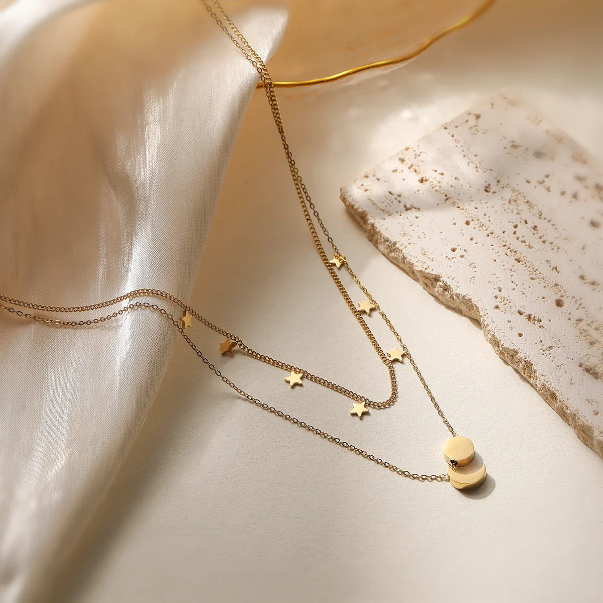 NEWBUY Hot Sale Gold Color Double Layer Star Choker Necklaces For Women Stainless Steel Jewelry