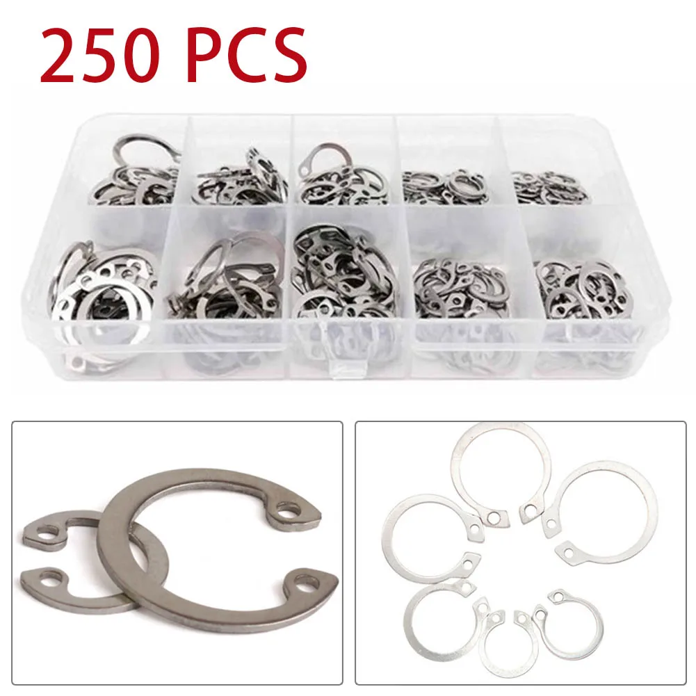 External Circlip Silver Snap Ring Stainless Steel C Type External Circlip Light Equipment Tools M6-M15 250pc Set