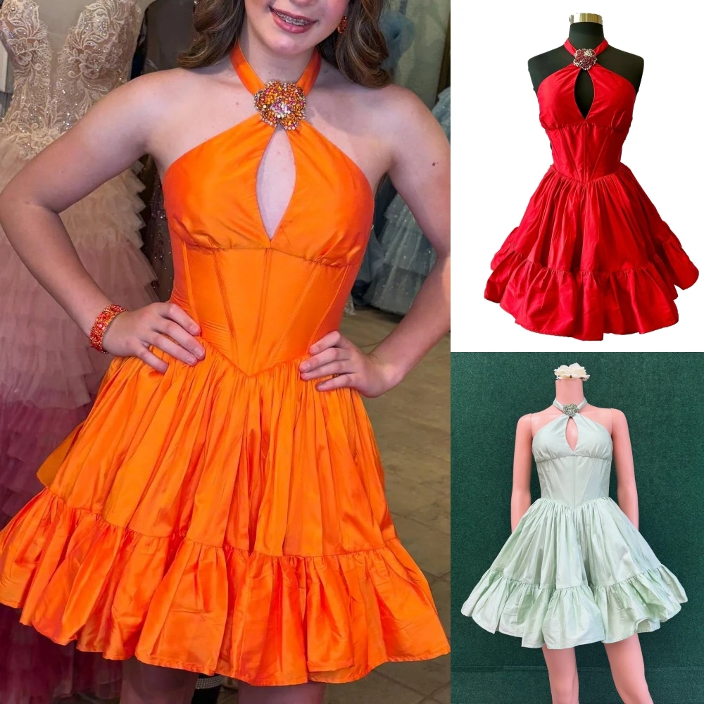 

Halter Cocktail Party Dress Keyhole Rosette Coral Sweet 16 Semi Formal Hoco Gala 8th Graduation Gown Pageant Interview Holiday