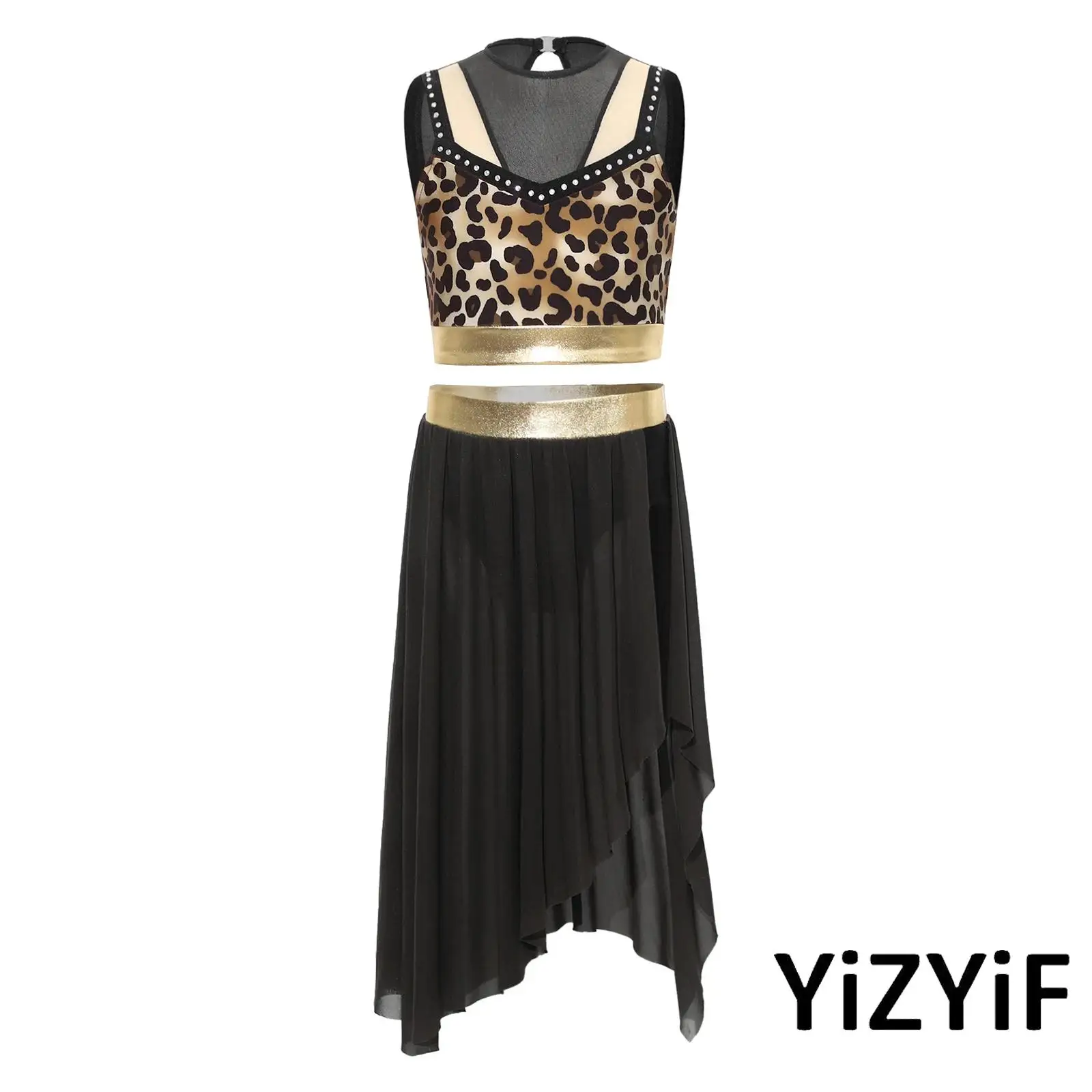 

2 Piece Cavegirl Costume for Girls Leopard Patchwork Rhinestone Crop Top And Asymmetrical Split Ruffle Skirt Halloween Costume