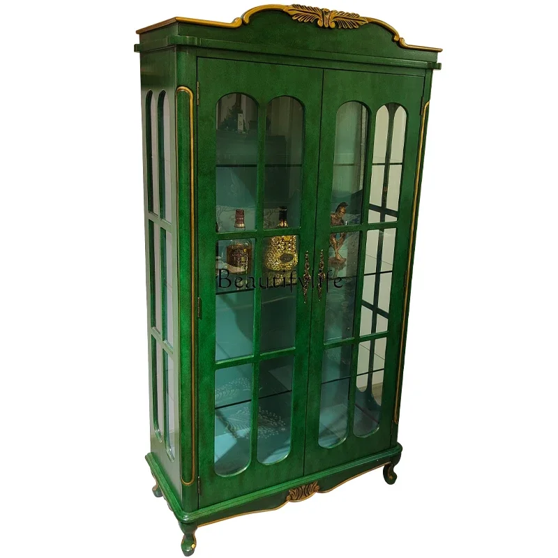 

ls 42American rural wine cabinet solid wood retro living room display glass double door high-end light luxury storage high cabin