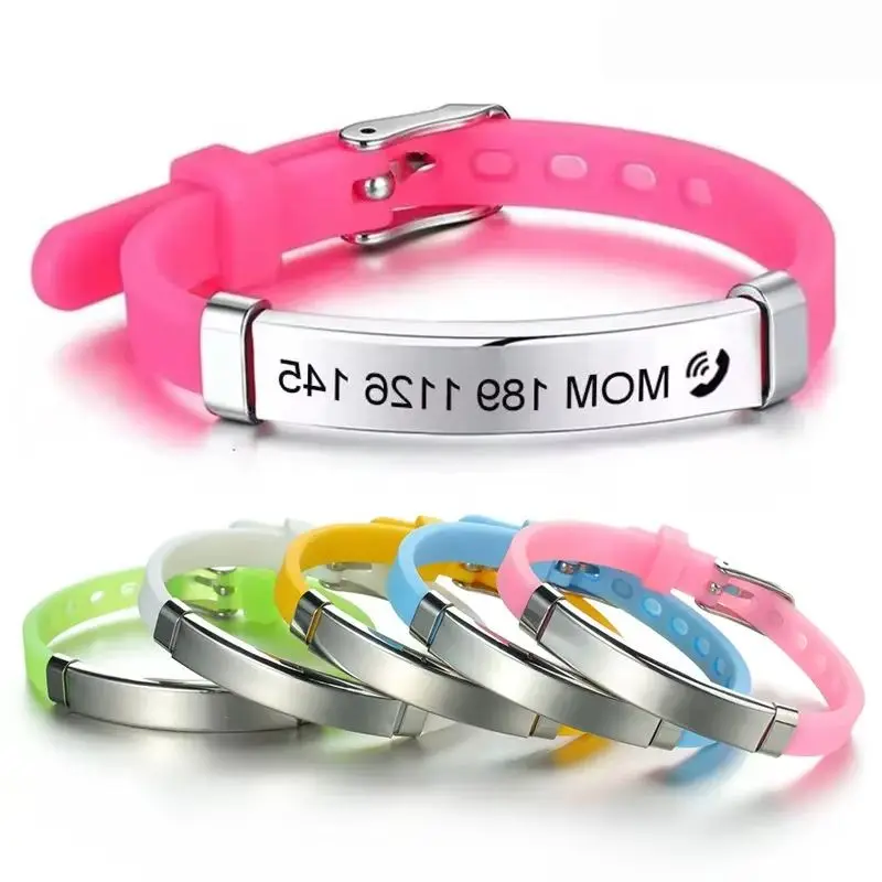 Customizable Kids Baby ID Bracelets Soft Silicone Stainless Steel Rudder Children's Emergency Name Phone Jewelry for Girls & Boy