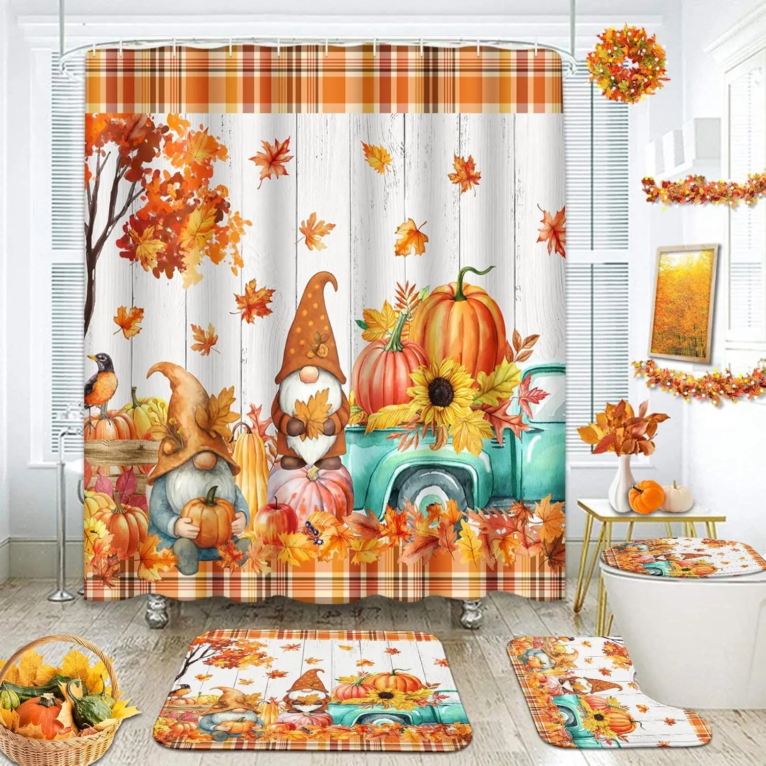 

Набор осенних занавесок для душа Arttown с крышкой унитаза и нескользящими ковриками, гномы, осенние тыквы, бирюзовый грузовик, урожай на День благодарения