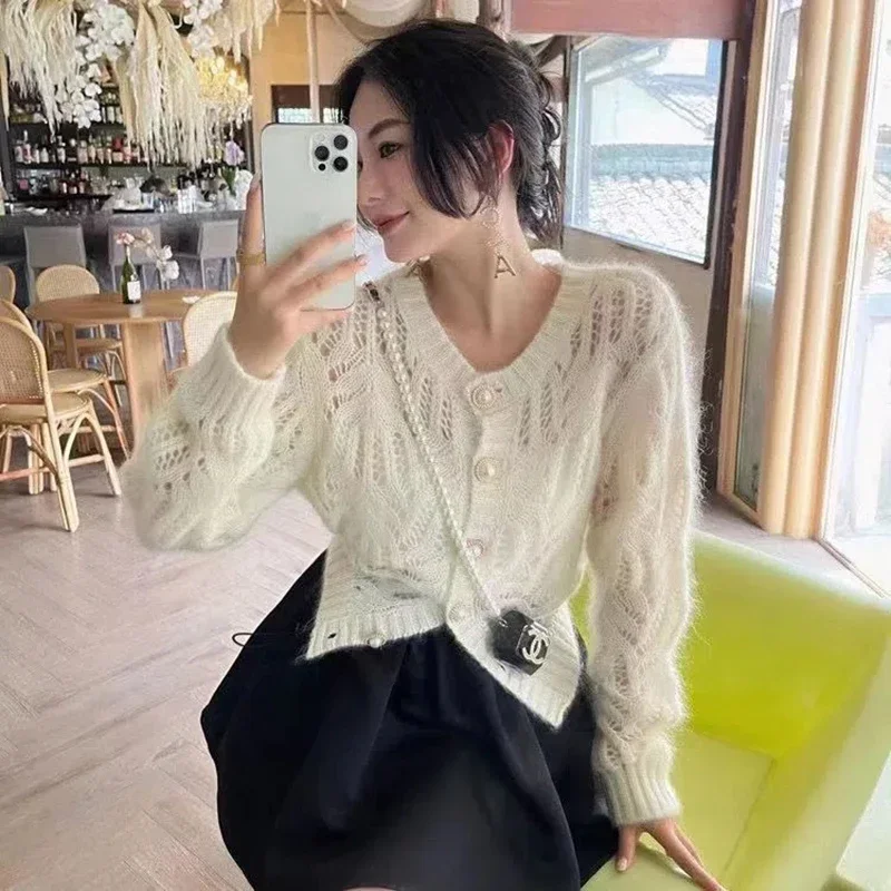 Sexy Hollow Out Knitted Cardigan Women 2022 Autumn Single-Breasted V-Neck Sweaters Korean Style Long Sleeve Knitwear Jumpers