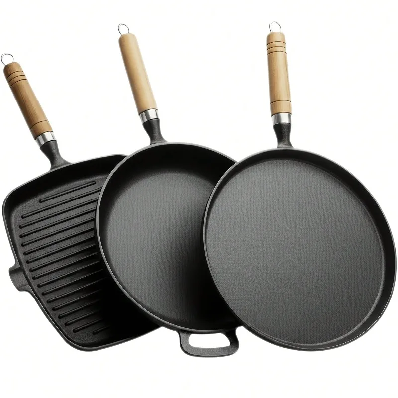 Black Cast Iron Skillet Set With Grill Pan & Crepe Pan | Nonstick Frying Pans For Steak, Pancakes, Camping & BBQ