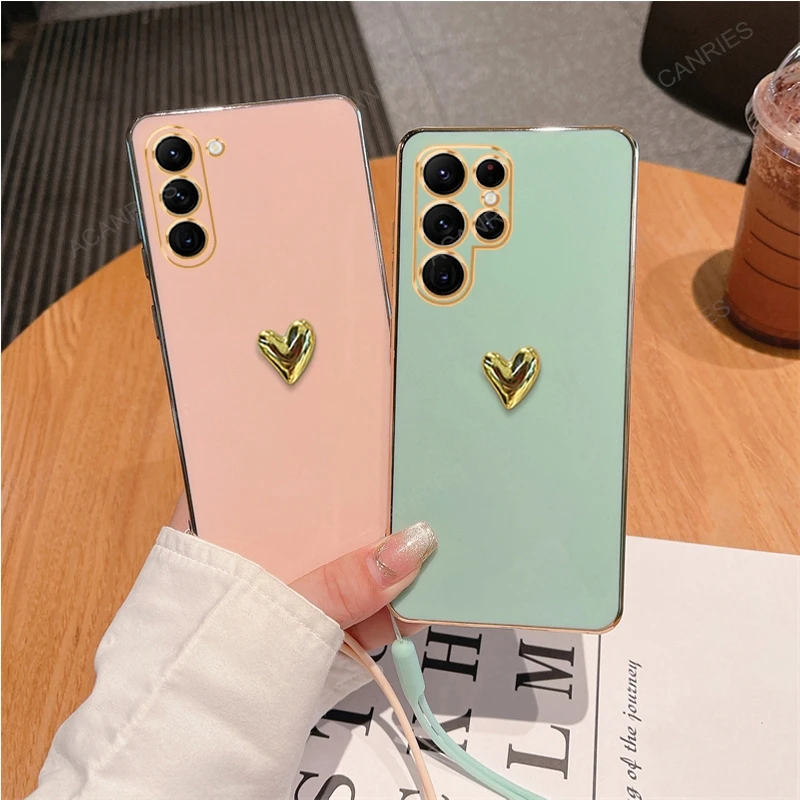 For Samsung Galaxy S23 Ultra 5G S23 Plus S22 S21 S20 FE 3D Gold Heart Plating Silicone Soft Case S 24 23 22 21 20 Cover S24ultra