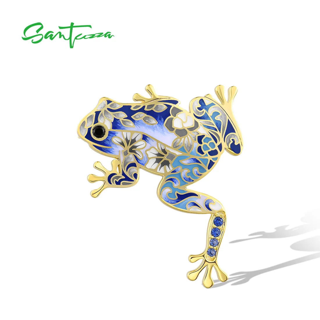 SANTUZZA Genuine 925 Silver Brooch For Women Sparkling Blue Spinel Enamel Frog Lovely Birthday Gifts Elegant Fine Jewelry