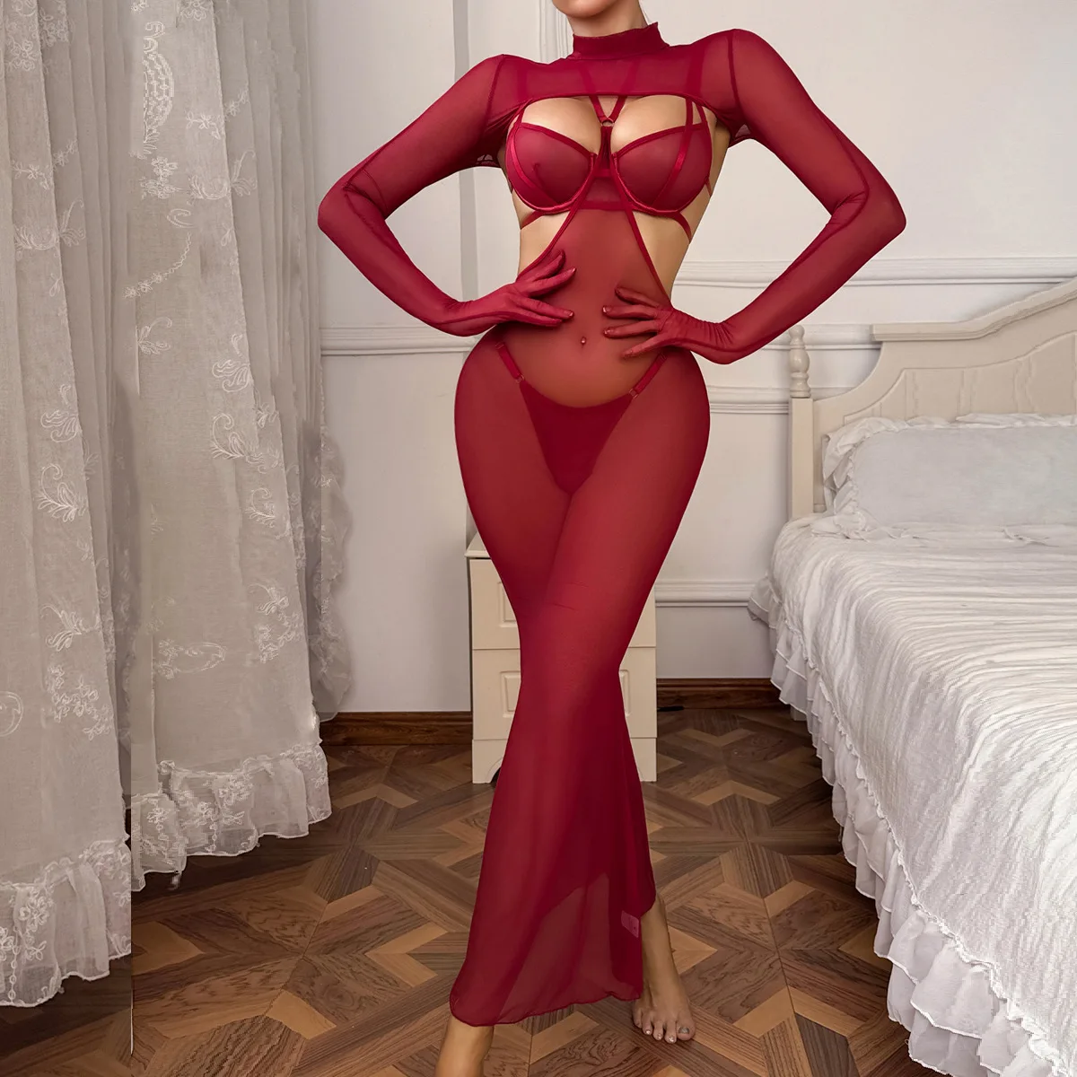 Adult Women's Sex Suit Wine Red Stylish Backless Halter Suit Fishtail Dress Shaping Sexy Underwear Wedding Party Festival Set