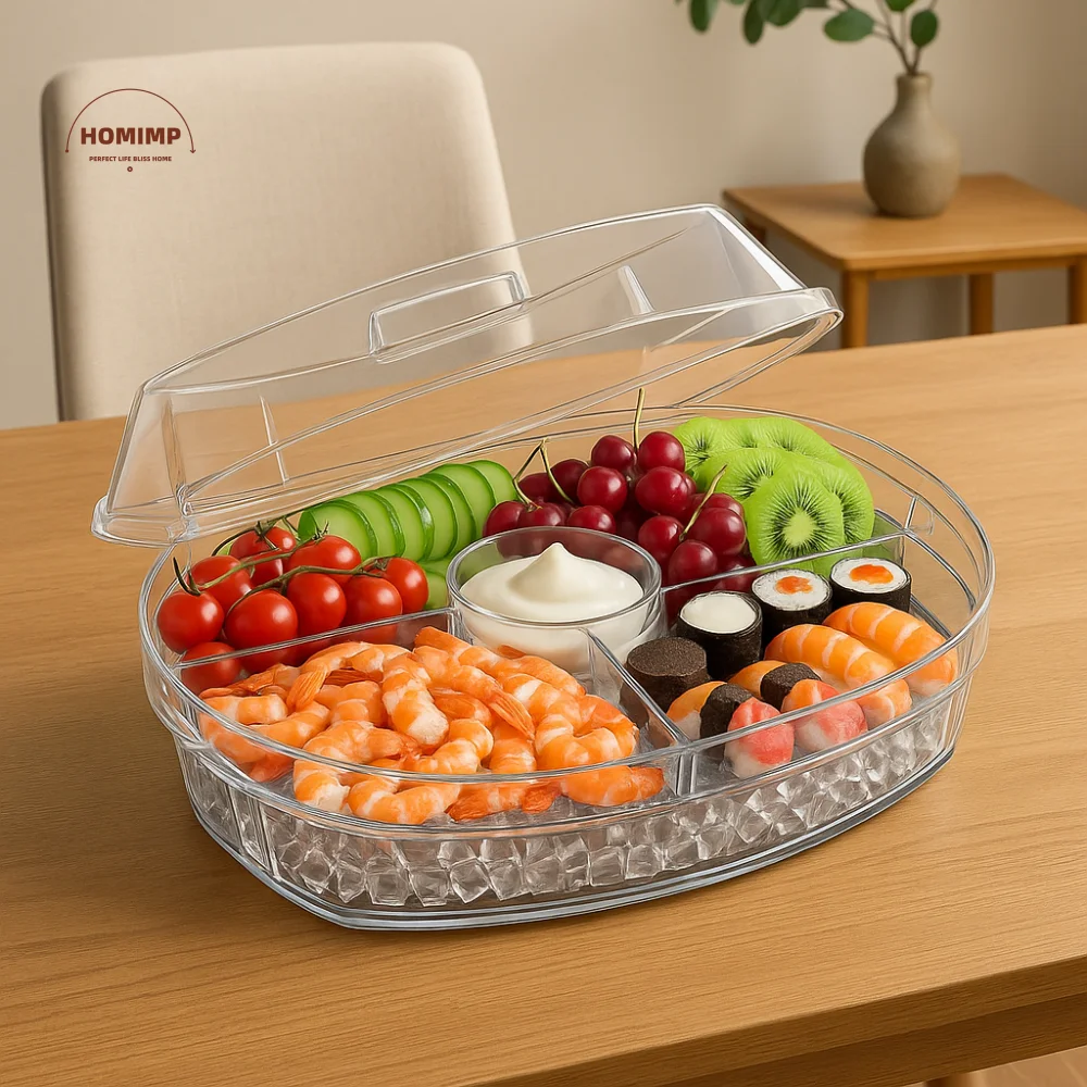 

Plastic Chilled Fruit Tray 5 Compartments Transparent Chilled Serving Platter with Lid Large Capacity Appetizer Tray Picnic