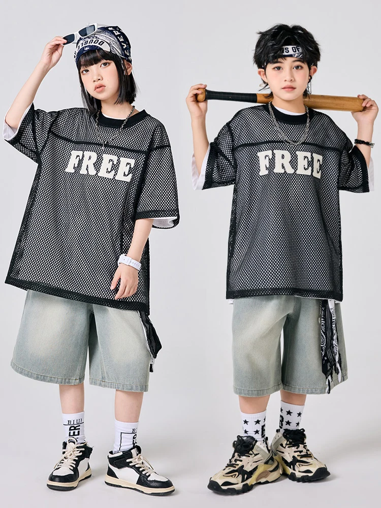 

Kids Jazz Dance Loose Suit Hip Hop Dance Streetwear Short Sleeve Fold Through Tops Jeans Street Dance Performance Wear DN20353