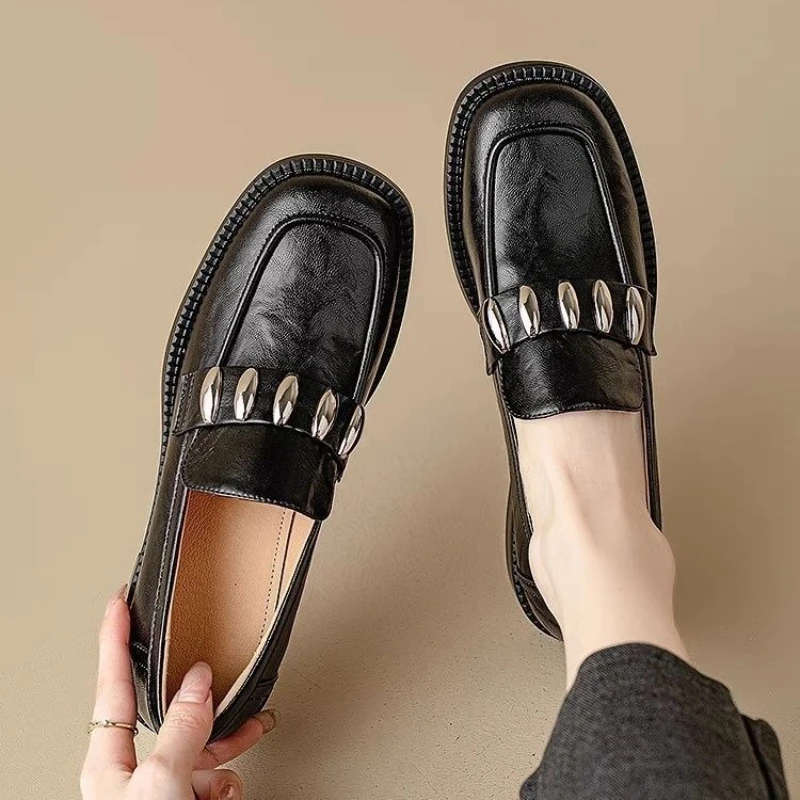 

Винтажные женские лоферы без шнуровки в британском стиле, весна-осень 202, лоферы из мягкой кожи с квадратным носком на массивном каблуке