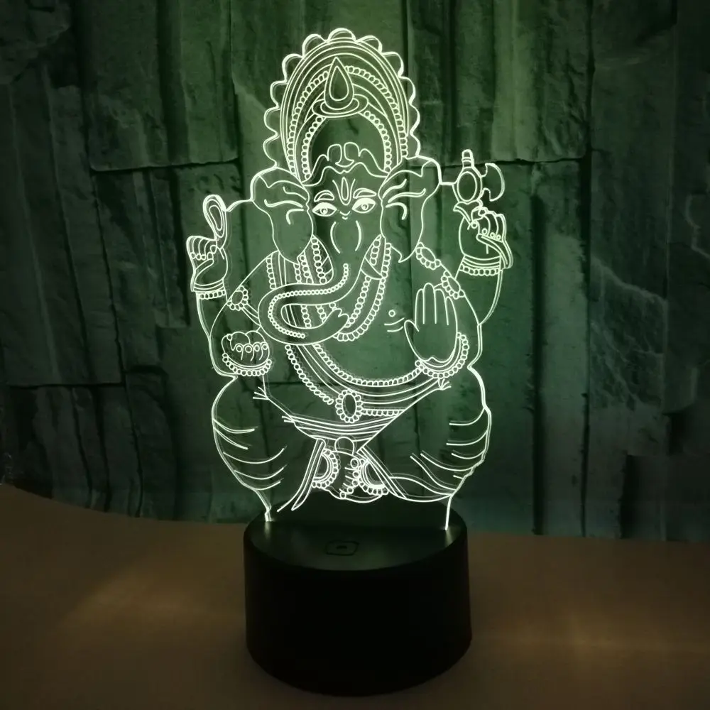 Hindu Elephant God Statue Acrylic 3d Lamp Indian Ganesh Buddha Figurine NIght Light Gift Decoration Ornaments for Home Room