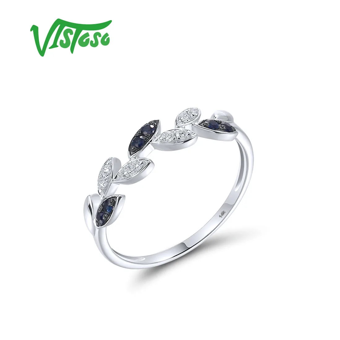 VISTOSO Authentic 14K 585 White Gold Rings For Women Sparkling Diamond Blue Sapphire Classic Leaf Shaped Wedding Fine Jewelry
