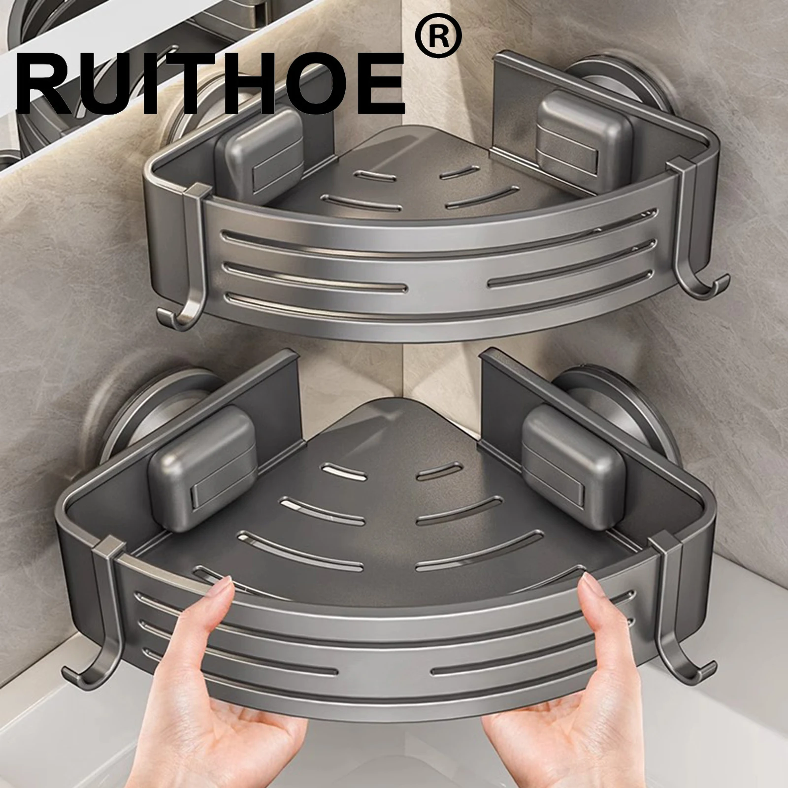 Bathroom Shelf for Shower Corner with Towel Holder Hooks, Suction Cup Wall Mounted Grey Bathroom Rack Space Aluminum