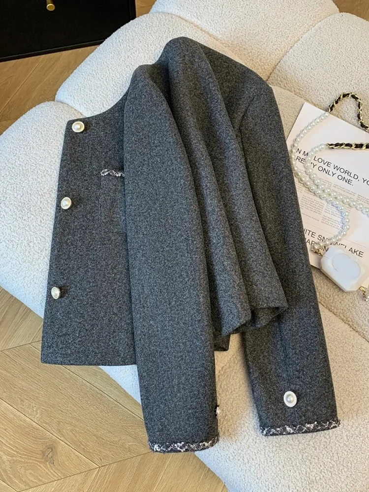 Elegant Faux Woolen Jacket Women Slim Vintage Long Sleeve Sweet Gray Short Coat Spring O Neck Female Pearls Buttons Retro Tops