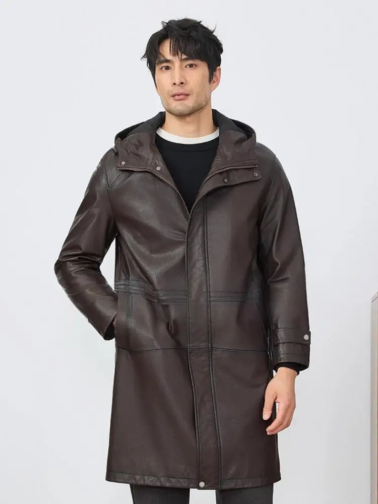 Fashion Mens Autum New Hooded Cowhide Genuine Leather Long Jacket Vintage Loose Fit Business Casual Work Windbreaker Trench Coat