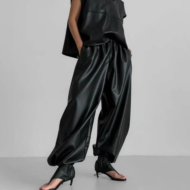 Talenza Women High Waist PU Straight Beam Feet Pants Retro Soft Punk Faux Leather Casual Trousers 2025 Fall Winter Pants Female