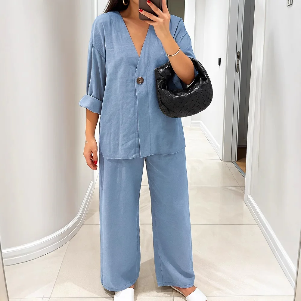 

Casual Cotton 2 Piece Set Women Outfit 2025 Autumn Winter Long Sleeve V-neck Loose Blouse Tops And Wide Leg Pants Sets Suits