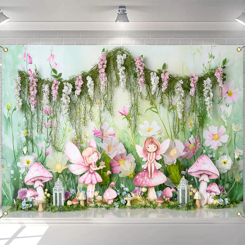 

LS Fairy Girl Mushroom Mystery Garden Backdrops Kids Baby 1st Birthday Cake Smash Props Child Spring Floral Props Backgrounds