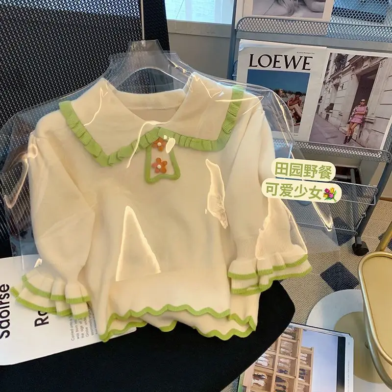 2025 봄 신상 일본풍 스위트 피터팬 칼라 컬러 블록 반팔 니트 탑 2025 봄 플로럴 러플 Y2K 스웨터