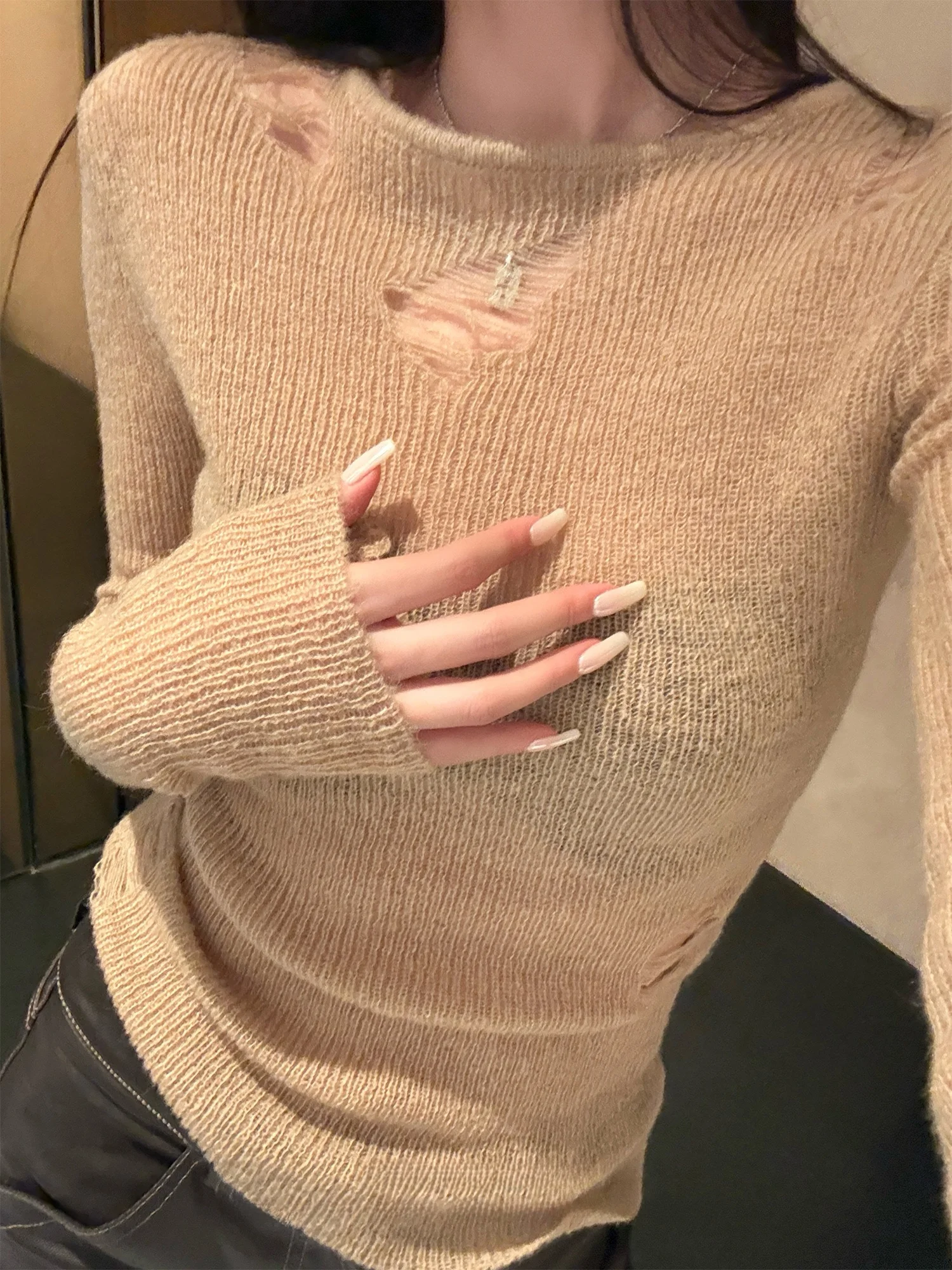 

Сексуальная трикотажная шерстяная футболка Long Sve round Ne Hole Design Slim Fit, осень-зима, женский пуловер Faion Commute Sle, Sw...