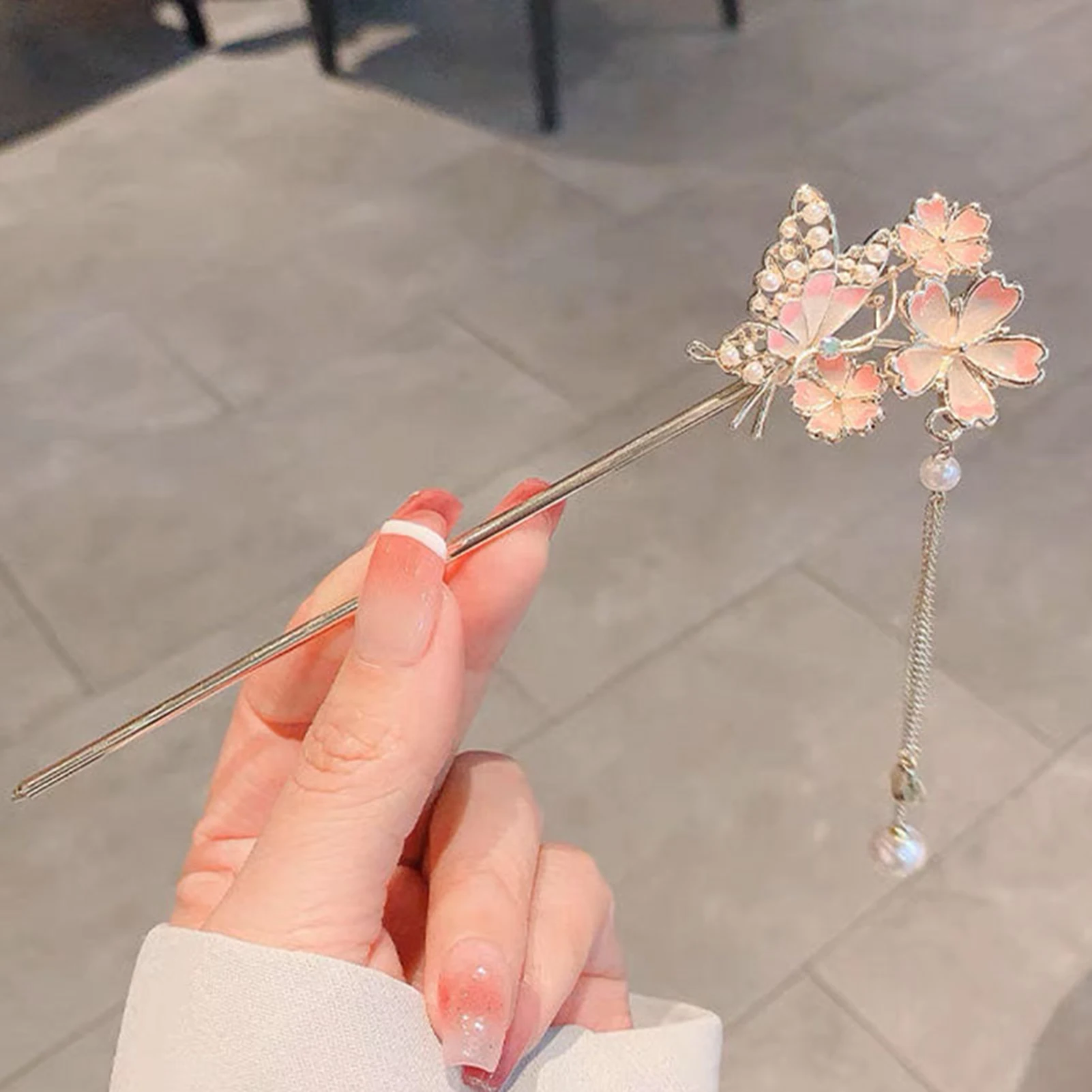 Chinese Butterfly Hair Stick Vintage Pink Flower Pearl Tasse