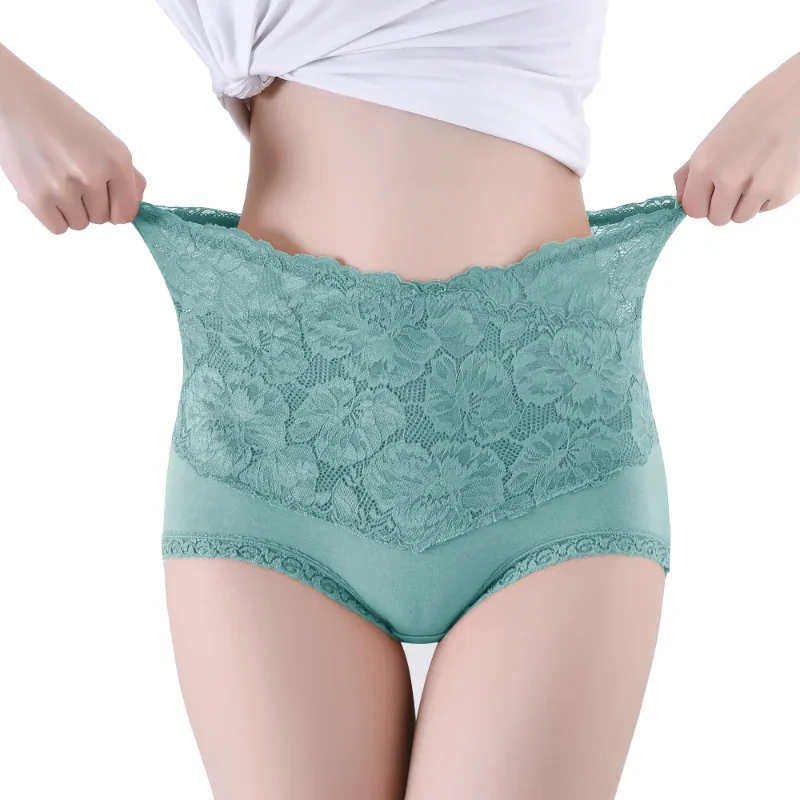 High Waist Large Size V-neck High Waist Underwear Women Cotton Lace Panties Hot Temptation Girls Belly Briefs