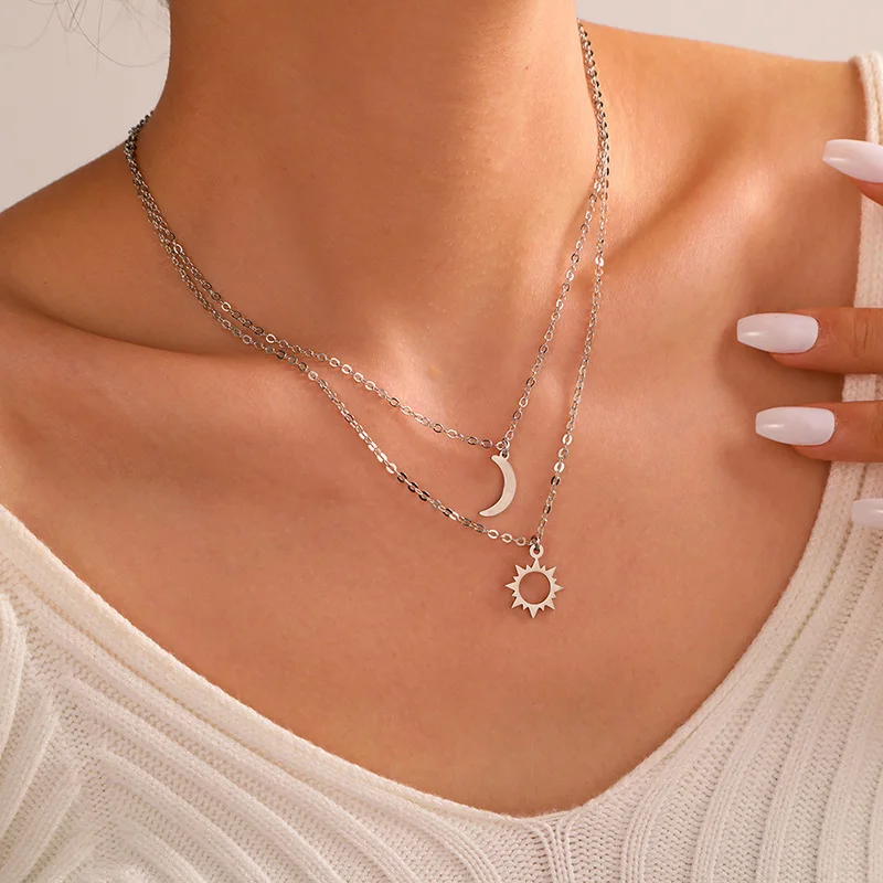 2 Pcs/Set Stainless Steel Silver Color Sun Moon Necklace For Best Friends Friendship Jewelry Gifts