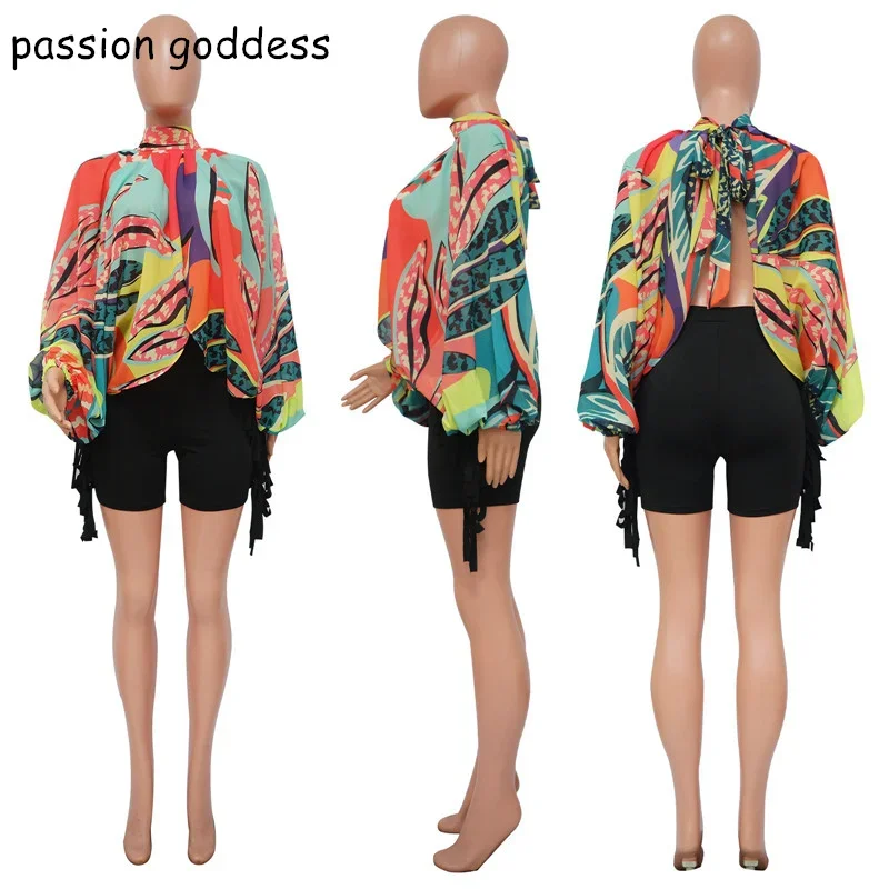 Streetwear Women Batwing Sleeve Split Irregular Sexy Chiffon Blouses 2023 Summer Lace Up Tie Dye Print Party Club Blouse Tops