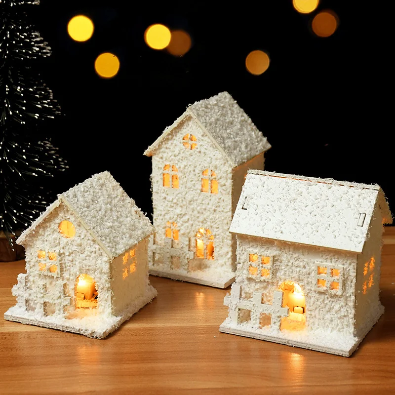 عيد الميلاد الأبيض ندفة الثلج مصباح ليد مضيئة المقصورة منزل خشبي عيد الميلاد زخرفة هدية الكريسماس السنة الجديدة نافيداد ديكور المنزل الطرف #2