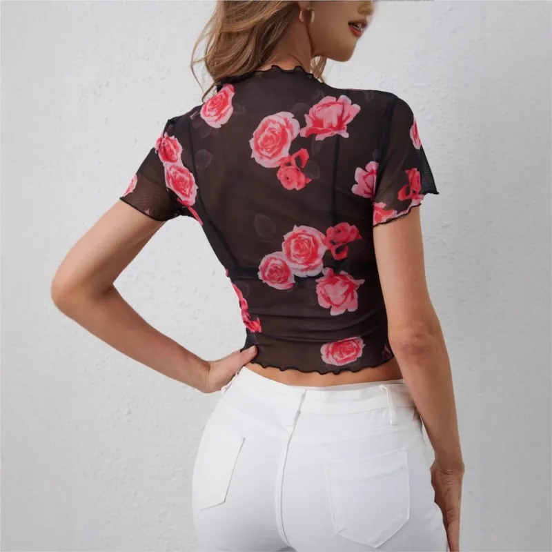 New short-sleeved T-shirt For Women Slimming Look Featuring Mesh Flower