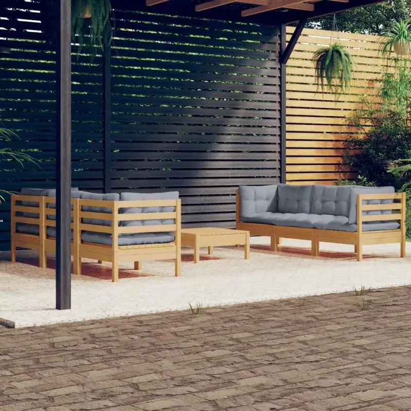 vidaXL Ensemble de meubles de jardin en bois de pin de qualité supérieure, canapé d'extérieur 7 pièces avec coussins gris pour la détente sur la terrasse ou dans la cour
