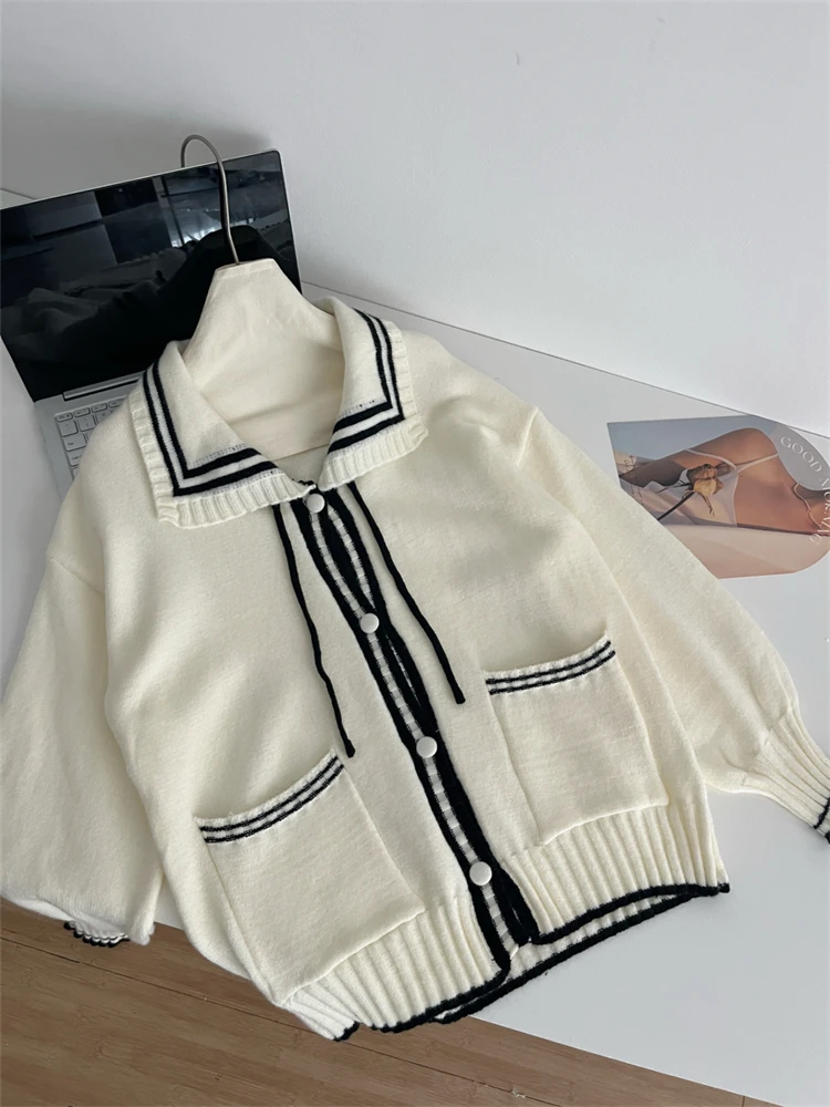 

Women's Navy Style Zip Tie Collar Knitted Cardigan Autumn 90s Aesthetic Vintage Top Female Long Sleeve Knitted Sweater Thin Coat