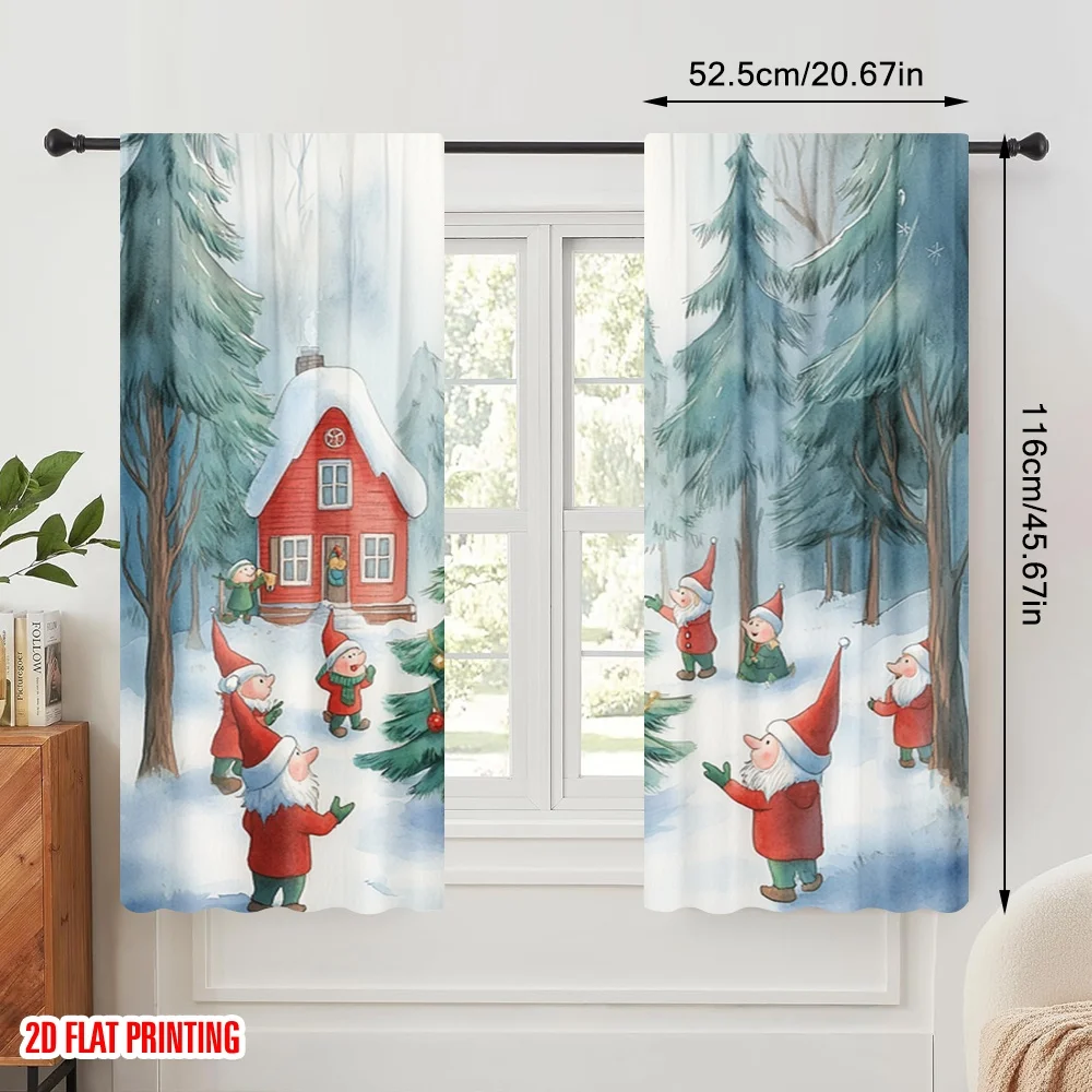 2pcs,2D plane printing Window Curtain Christmas Tree Forest Gnomes Versatile Fabric (without rod) All Seasons Use for Living