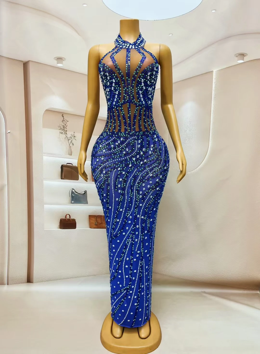 Abito lungo aderente da donna elegante di fascia alta di lusso Abito estivo senza maniche Abito da sera in rete trasparente per festa di compleanno Shuiliu