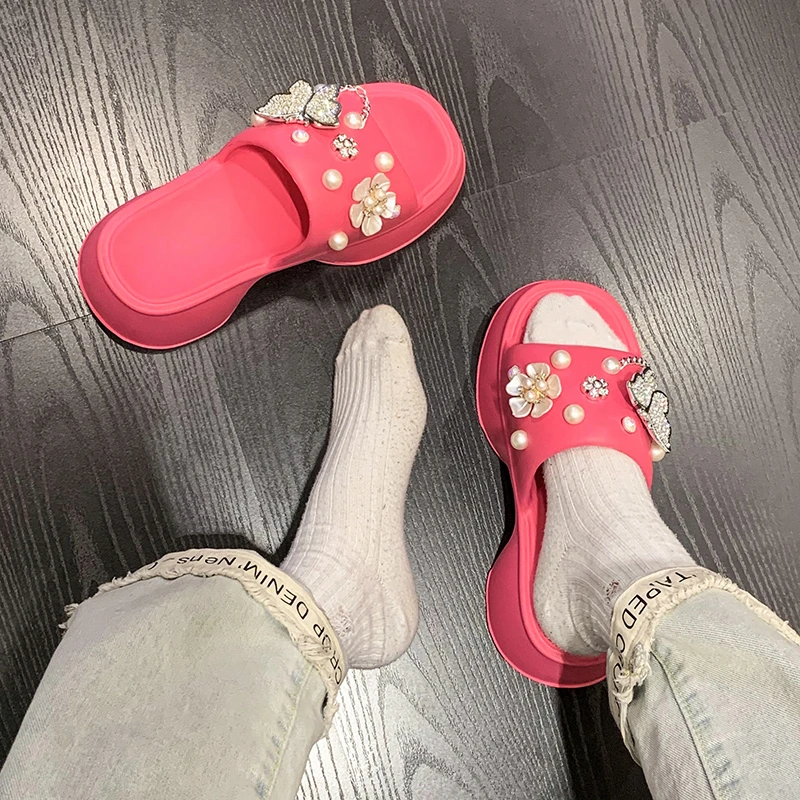 Women Summer Slippers Butterfly Decoration Platform Sandals Outside Vacation Beach Non-Slip Slides Flip Flop Casual Shoe Female