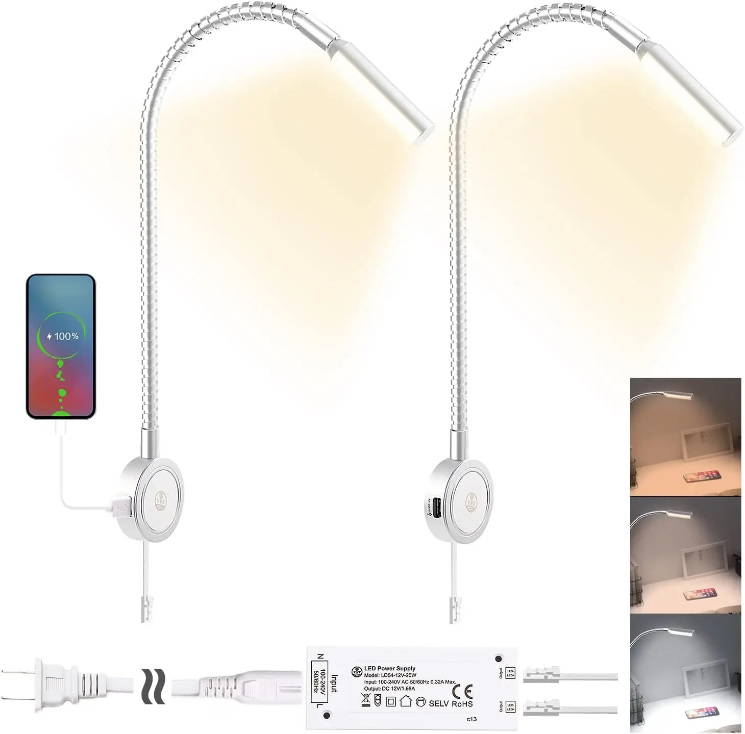 

Books Lights For Headboard, Bedside Wall Mounted Reading Lamp, Reading Light Touch To Adjust Color Temp (3000K/4000K/6000K) And