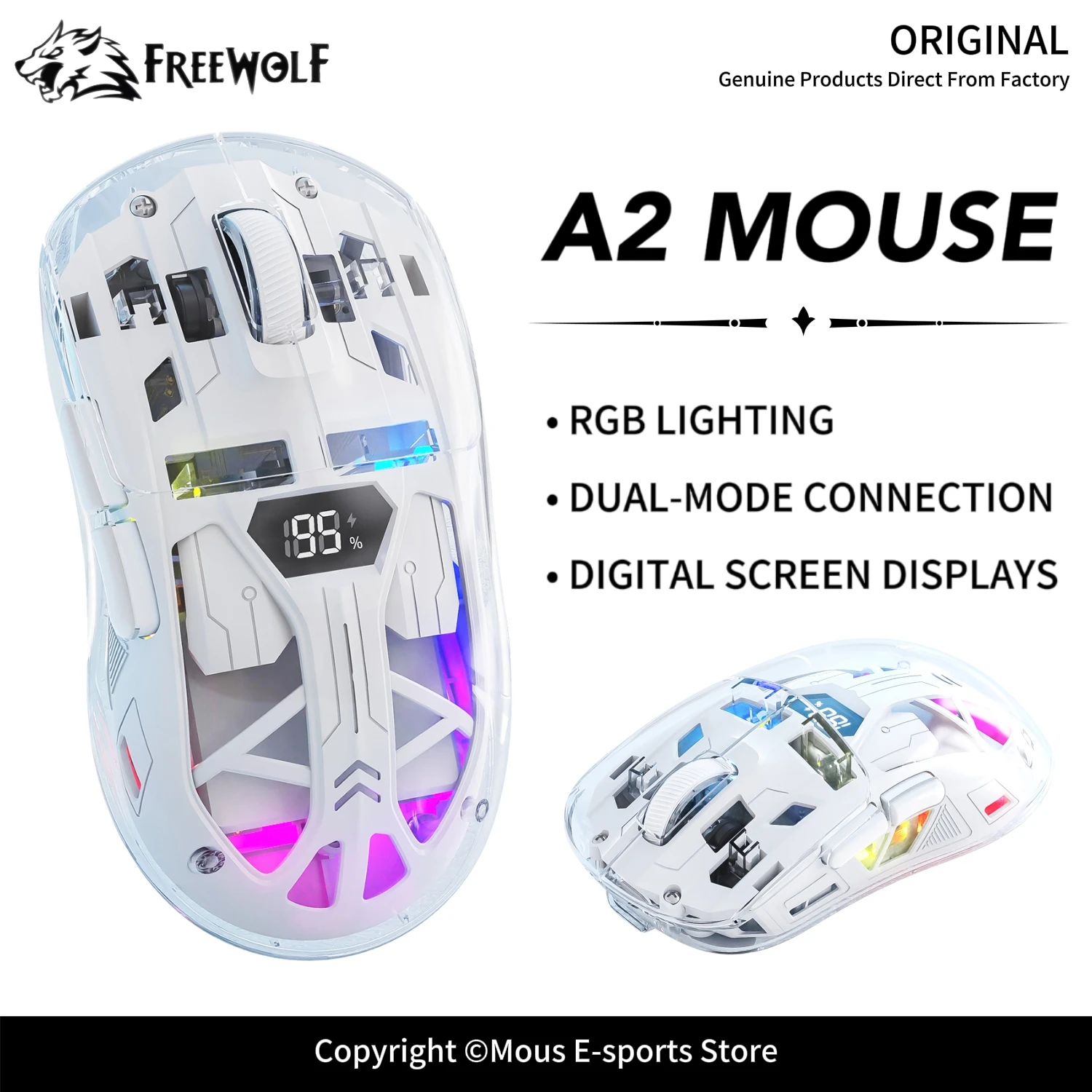A2 FREEWOLF Transparent RGB Dual-Mode Mouse with Digital Screen 5-Level DPI 4000 Type-C for E-Sports