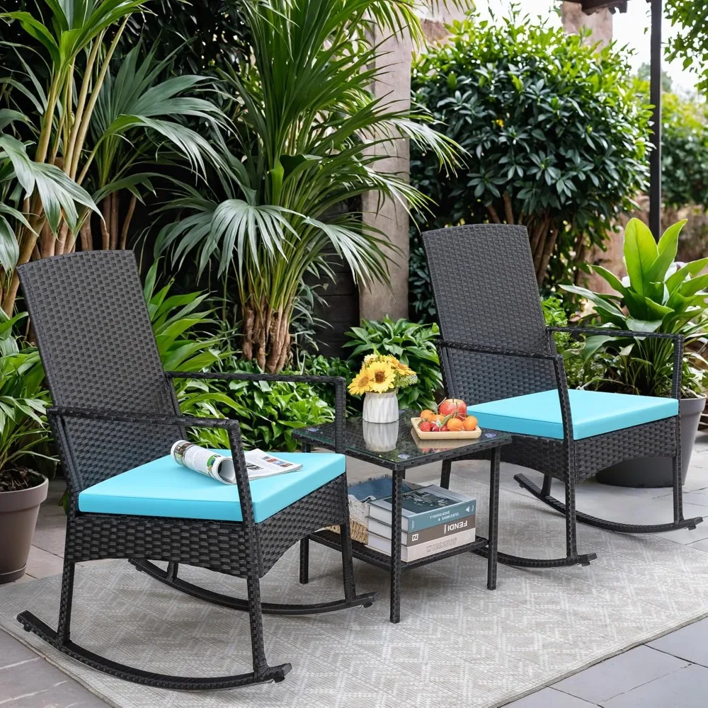 

3 Pieces Patio Furniture Set,for Garden Backyard, Outdoor Wicker Rocking Chairs with Glass Coffee Table