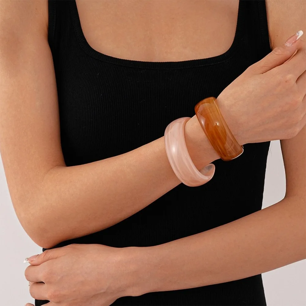 Simple Bohemian Acrylic Bangle Geometric Europe American Style Irregular Wide Bracelet Curved Jelly Color Retro Hand Ring Women