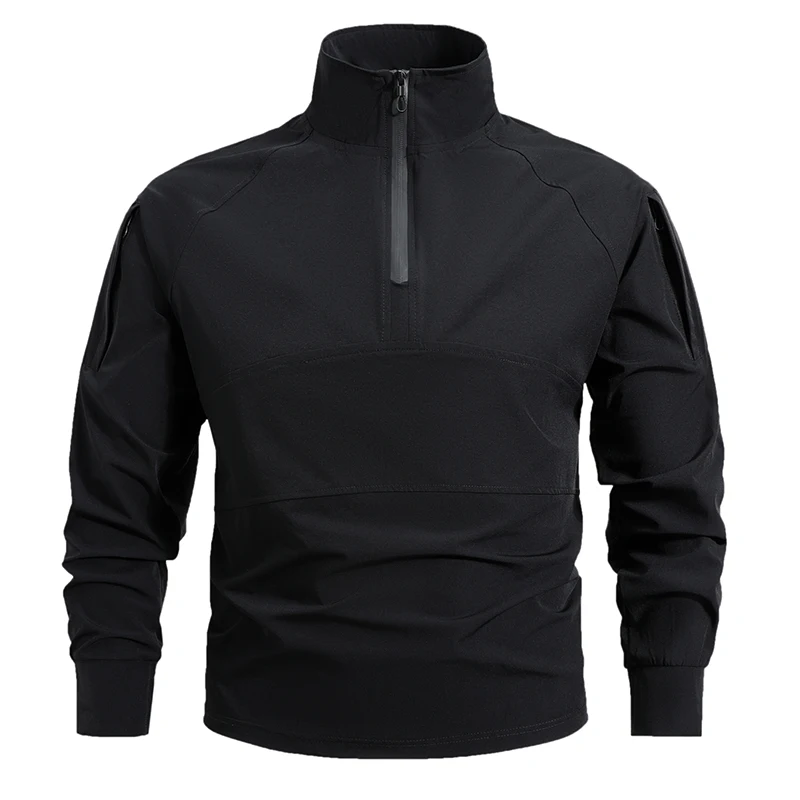 Men Tactical T-shirts Men Quick Dry 1/4 Zip Long Sleeve Shirts Outdoor Zipper Pockets Combat Training Hiking Long Sleeve T-shirt