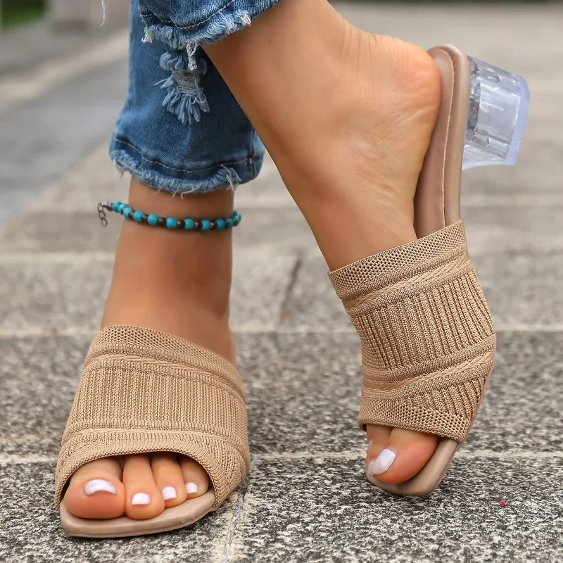 Sommermuster-Strickpantoffeln, quadratische Zehenpartie, Blockabsatz, Damen-High-Heel, kühles Wischen, Übergröße