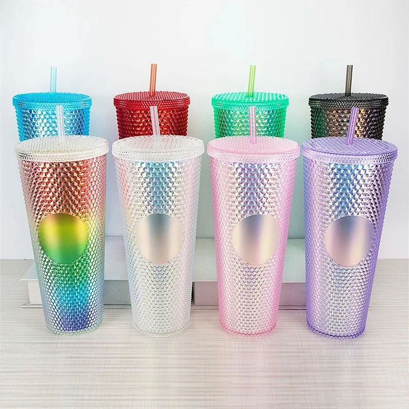 710ml/24 oz DIY Studded Tumbler with Lid and Straw, Reusable Plastic Acrylic Cup,Double Walled Matte Travel Tumbler for Iced Cof