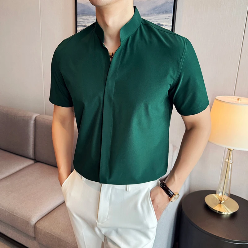 Chinese Style Standing Collar Short Sleeved Men Shirt 2024 Summer Solid Casual Elastic Slim Fit Shirt Fashionable Men Clothing