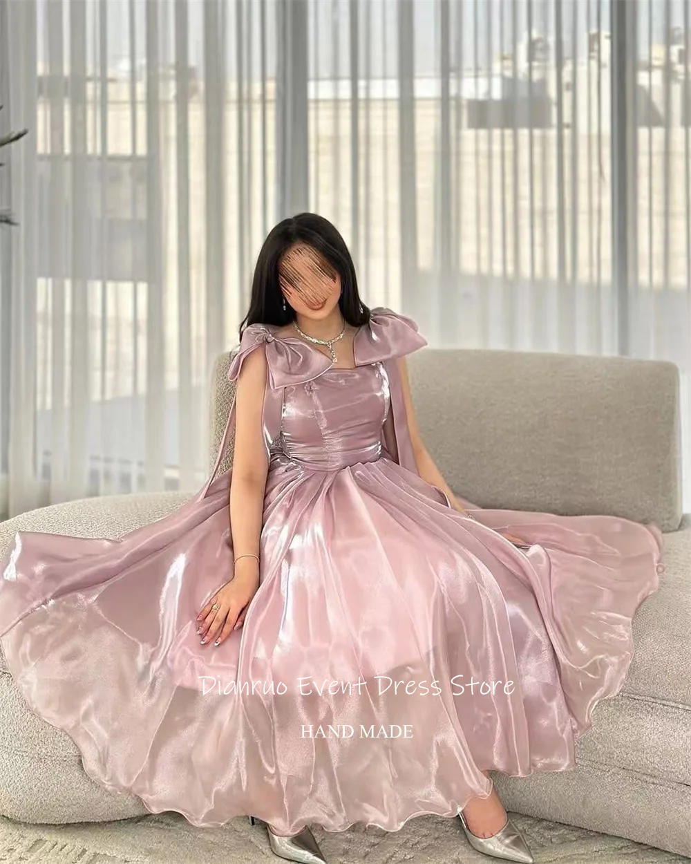Dianruo الأورجانزا السباغيتي حزام فساتين لحضور الحفلات الموسيقية الوردي ألف خط القوس فساتين السهرة حمالة الطية أنيقة Abendkleider دبي مخصصة